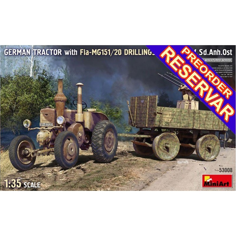 TRACTOR LANZ BULLDOG & TRAILER Sonderanhänger Ost - Flak MG151/20 Drillingslafette -Escala 1/35- MiniArt 53008